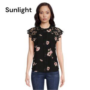 No Boundaries Women XL(15-17)Black Sleeveless Lace Floral Top Pink-White Flowers